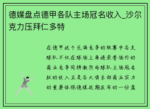 德媒盘点德甲各队主场冠名收入_沙尔克力压拜仁多特