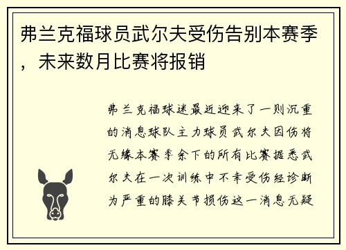 弗兰克福球员武尔夫受伤告别本赛季，未来数月比赛将报销