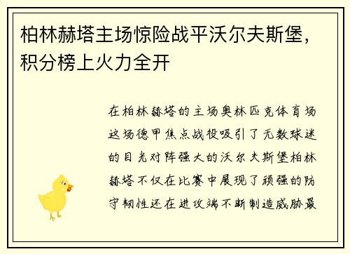 柏林赫塔主场惊险战平沃尔夫斯堡，积分榜上火力全开