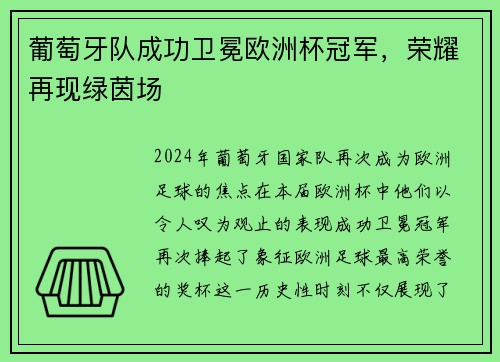 葡萄牙队成功卫冕欧洲杯冠军，荣耀再现绿茵场